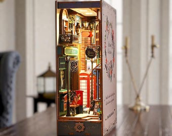 British Street Book Nook Kit, Rolife Style 3D Wooden Puzzle, DIY Miniature House with LED Lights, Bookshelf Insert Decor, Book Lover Gift