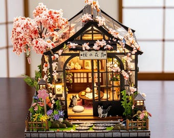 Rolife Japanese Greenhouse DIY Miniature House Kit, 3D Wooden Puzzle with LED Lights, Dollhouse Model, Craft Gift Decor