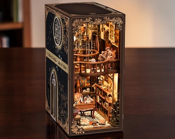 Rolife Vintage Library DIY Book Nook Kit, 3D Wooden Puzzle Miniature House with LED Lights, Bookshelf Insert, Craft Gift for Adults