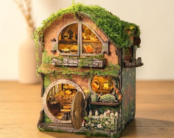Rolife Hobbit Style Miniature House Kit, 3D Wooden Puzzle DIY Dollhouse, Fantasy Cottage Book Nook, LED Miniature Scene, Craft Kit for Adult