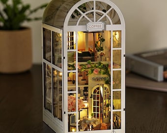 Rolife DIY Miniature Greenhouse Coffee Shop Kit 3D Wooden Puzzle, Glasshouse Cafe Dollhouse with LED Lights, Floral Book Nook Shelf Decor