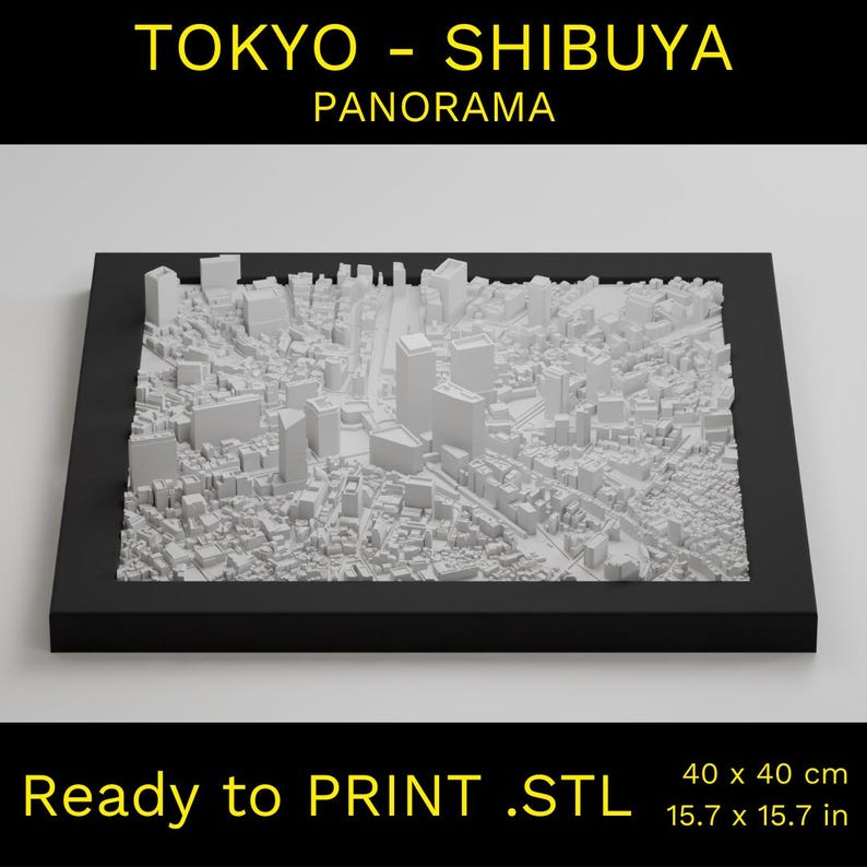 May include: A 3D printed model of the Tokyo Shibuya skyline, ready to print. The model is 40 cm by 40 cm and is printed in white plastic.