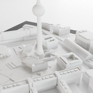 以下が含まれることがあります： 中央に高い塔のある都市の水平線を表す白い3Dモデル。モデルはシンプルな幾何学的形状で構成され、ミニマルなスタイルでレンダリングされています。