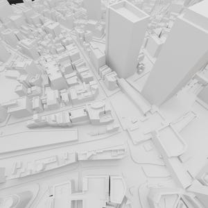 May include: A white 3D model of a city with tall buildings and streets. The model is rendered in a simple, minimalist style, with no colour or texture.