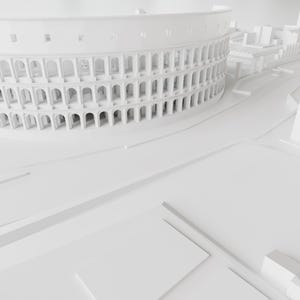Puede incluir: Un modelo 3D blanco del Coliseo de Roma, Italia. El modelo es detallado y muestra los arcos y las columnas del antiguo anfiteatro.