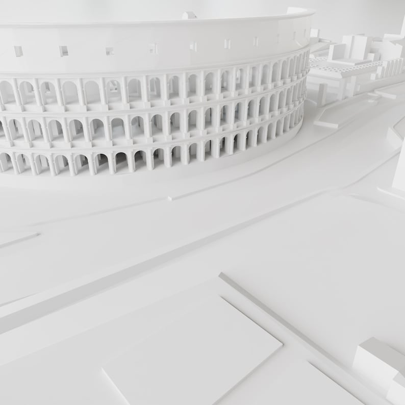 Puede incluir: Un modelo 3D blanco del Coliseo de Roma, Italia. El modelo es detallado y muestra los arcos y las columnas del antiguo anfiteatro.