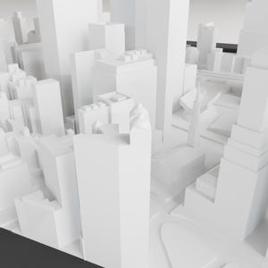 May include: A white 3D model of a city skyline with tall buildings and streets.