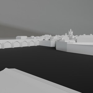 Puede incluir: Un modelo 3D blanco de una ciudad con un puente y una torre alta en el fondo.