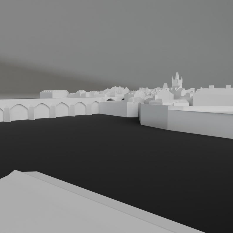 Puede incluir: Un modelo 3D blanco de una ciudad con un puente y una torre alta en el fondo.