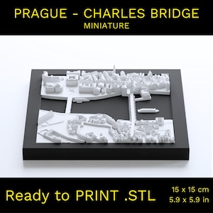 May include: A white 3D printed model of the Charles Bridge in Prague, Czech Republic. The model is 5.9 inches by 5.9 inches and is ready to be printed.