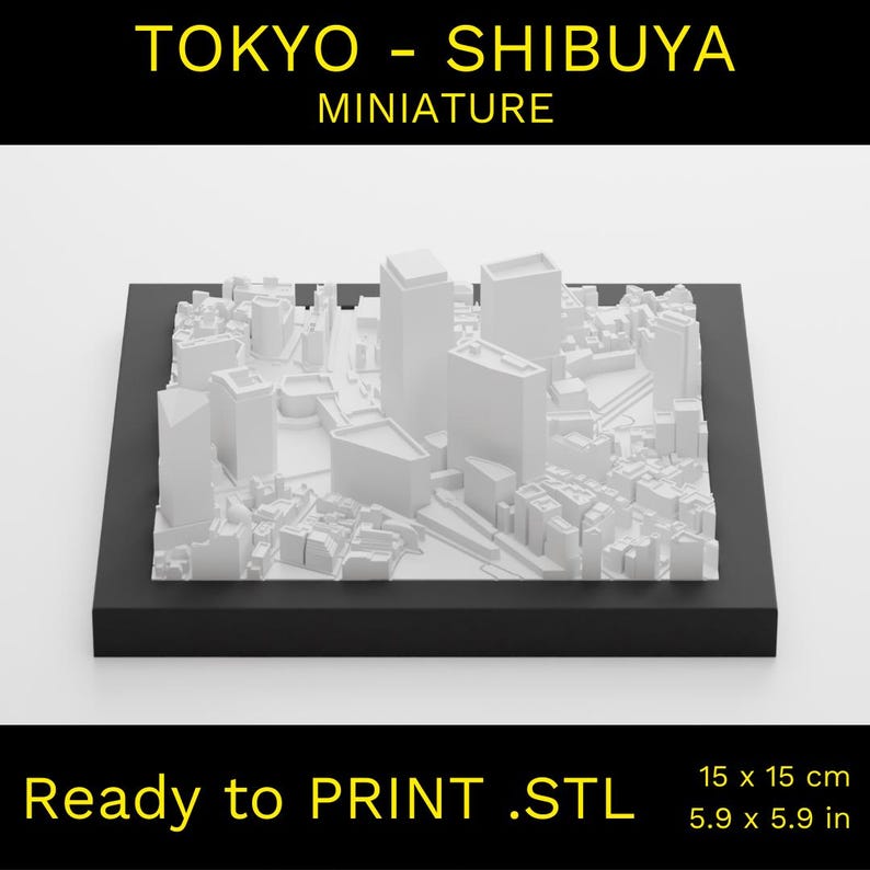 Może przedstawiać: Tr&oacute;jwymiarowy model dzielnicy Shibuya w Tokio, Japonia. Model jest biały i ma wymiary 15 cm x 15 cm. Model jest gotowy do wydruku i zawiera plik STL.