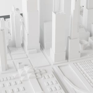 May include: A white, 3D model of a city skyline with tall buildings and a street grid.