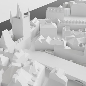 Puede incluir: Un modelo 3D blanco de una ciudad con una torre alta en el centro y muchos edificios m&aacute;s peque&ntilde;os que la rodean. El modelo est&aacute; hecho de formas geom&eacute;tricas simples y se representa en un estilo minimalista.