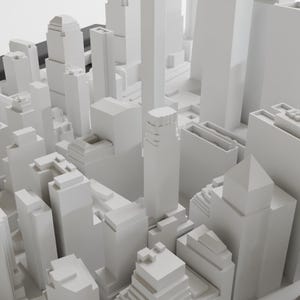 May include: A white 3D model of a city skyline with tall buildings and skyscrapers.