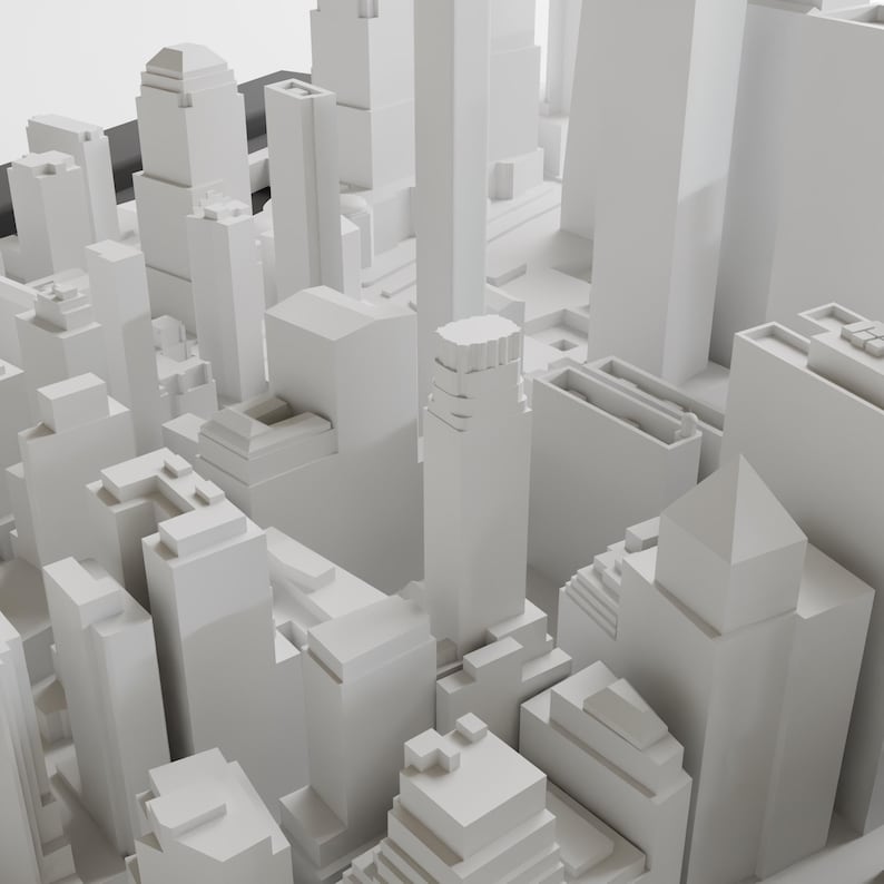May include: A white 3D model of a city skyline with tall buildings and skyscrapers.
