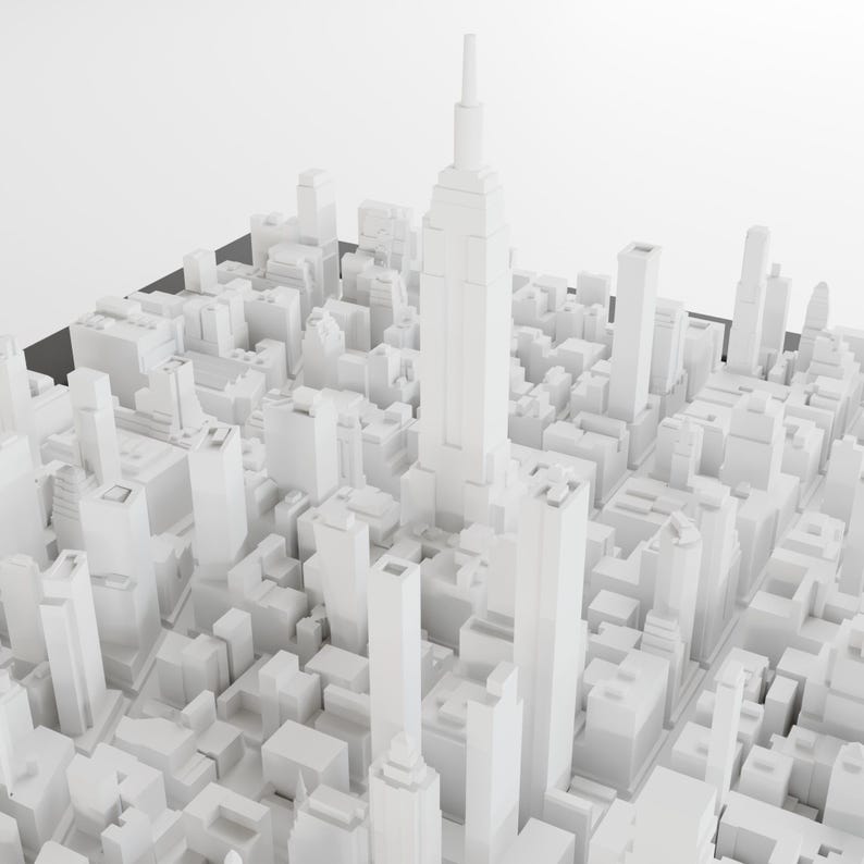 Pu&ograve; includere: Un modello 3D bianco di uno skyline cittadino con grattacieli, tra cui un edificio alto al centro.