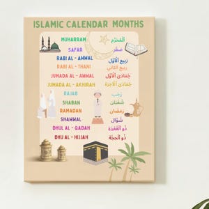 Islamitische kalendermaanden postergids in Engels Arabisch Grafiek print moslim kinderen Islamitische printbare Islamitische muur print Homeschool Educatief