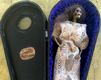 Persephone, Creepy Mummified Art Doll in Toe Pincher Coffin