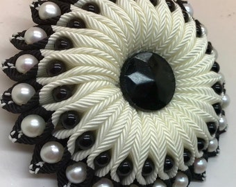 Black and White Beaded Cocarde Cockade Brooch