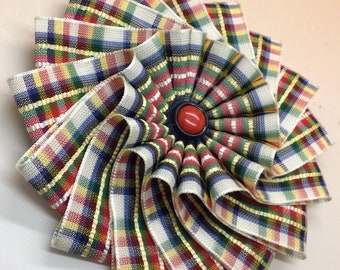 Plaid Tartan Scottish White, Blue, Yellow, Green and Red Wheel Cocarde Appliqué