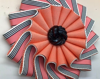 Coral Pink, Black and White Grosgrain Wheel Cocarde Appliqué