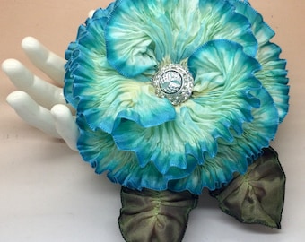 Hand Tinted Aqua and Cream Pleated Millinery Flower