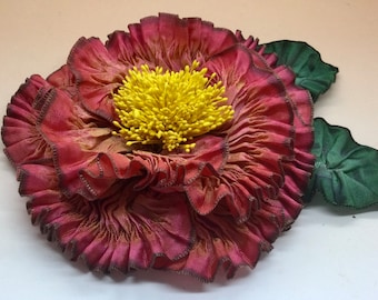 Hand Tinted Rose Gold and Crimson Pleated Millinery Flower