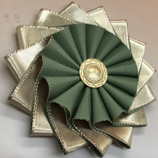 Sage Green and Metallic Gold Pinwheel Cocarde Cockade Applique Millinery Military Reenactment