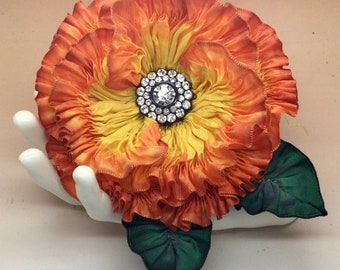 Hand Tinted Yellow and Orange Pleated Millinery Flower