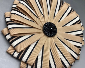Beige, White and Black Striped Pinwheel Cocarde Applique