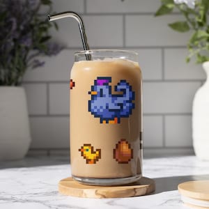 Stardew Valley Glass Sipper Cup, Stardew Chicken, Stardew Gift, Cozy Gamer Gift, Stardew Valley Gift