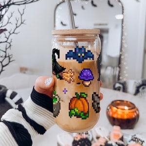 Stardew Halloween Glass Cup With Straw, Stardew Valley Home Decor, Stardew Gift, Stardew Valley Gift, Stardew Coffee, Stardew Spirit&#39;s Eve