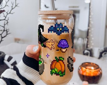 Stardew Halloween Glass Cup With Straw, Stardew Valley Home Decor, Stardew Gift, Stardew Valley Gift, Stardew Coffee, Stardew Spirit's Eve