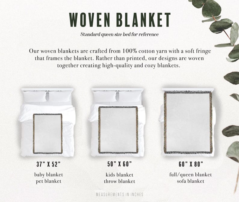 Peut inclure: Un guide des tailles de couverture tiss&eacute;e montrant trois couvertures rectangulaires &agrave; franges sur des lits. Le texte indique WOVEN BLANKET, 37" x 52" baby blanket, 50" x 60" kids blanket et 60" x 80" full/queen blanket en pouces.