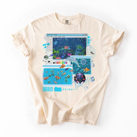 Frutiger Aero T-Shirt, YK2 Fashion, MS Paint Aquarium T-shirt, Early 2000s Fashion, 2000s aesthetic, 2000s Nostalgia, Clownfish T-shirt