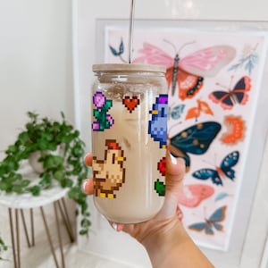 Stardew Valley Glass Sipper Cup, Stardew Chicken, Stardew Gift, Cozy Gamer Gift, Stardew Valley Gift