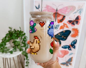 Stardew Valley Glass Sipper Cup, Stardew Chicken, Stardew Gift, Cozy Gamer Gift, Stardew Valley Gift