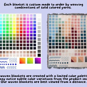 Peut inclure: Une couverture tiss&eacute;e pr&eacute;sentant une grille de carr&eacute;s de diff&eacute;rentes couleurs, accompagn&eacute;e d'un nuancier num&eacute;rique et d'&eacute;chantillons de motifs. Le texte indique : Each blanket is custom made to order by weaving combinations of solid colored yarns. Our woven blankets are created with a limited color palette, so you may notice subtle color variations from the product images. Our woven blankets are best viewed from a distance.
