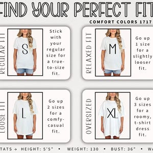 May include: A graphic showing a size guide for t-shirts, with the text "FIND YOUR PERFECT FIT". The guide includes images of a person wearing different shirt sizes: S, M, L, and XL, with fit descriptions. Model stats: height 5'5", bust 36", waist 27".