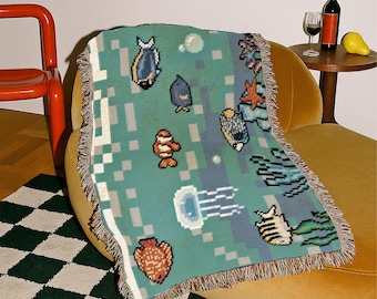 Aquarium Decoration Blanket, Frutiger Aero 2000s Aesthetic, Pixel Fish Aquarium Screensaver Early 2000s Nostalgia, YK2 Cybercore