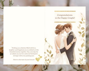 May include: A wedding card with a watercolor illustration of a bride and groom embracing. The card has a gold foil design and the text "Congratulations to the Happy Couple!" and "Here's to the start of your forever!"
