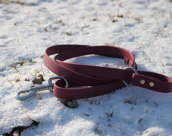 Könnte beinhalten: Eine dunkelrote Hundeleine mit einem silbernen Karabinerhaken und zwei goldenen Akzenten. Die Leine liegt auf einer schneebedeckten Oberfläche.