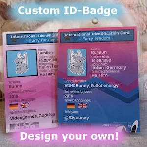 Credencial personalizada para furries | Credencial personalizada para convenciones | Etiqueta NFC opcional | Doble cara | Accesorio para fursuit | Tarjeta de identificación para fursona