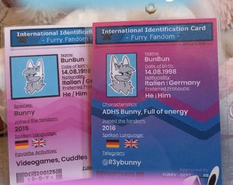 Könnte beinhalten: Zwei rechteckige, individuelle Ausweise für das Furry Fandom. Der linke Ausweis hat einen hellrosa Farbverlauf, der rechte einen blau-rosa Verlauf. Beide zeigen eine Cartoon-Hasen-Illustration, persönliche Daten und Barcodes.