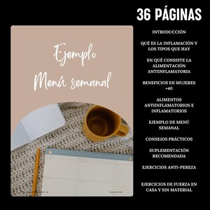 May include: A tan and white digital planner with the text "Ejemplo Men&uacute; Semanal" and a cup of coffee on a knitted blanket. The planner has 36 pages and includes information about anti-inflammatory foods, a weekly menu, tips, and exercises.