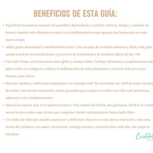 May include: A beige and brown graphic with the text "Beneficios de esta gu&iacute;a" in a large font. The text below lists benefits of a guide, including hormonal balance, weight loss, skin health, and more.