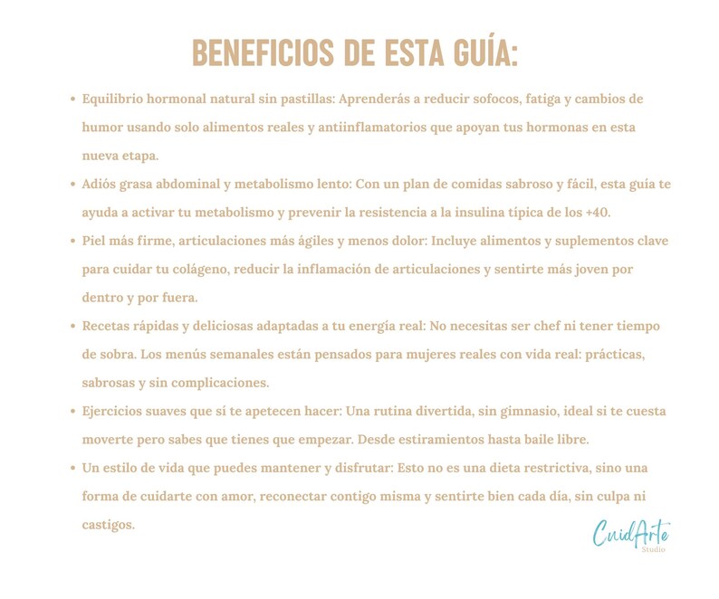 May include: A beige and brown graphic with the text "Beneficios de esta gu&iacute;a" in a large font. The text below lists benefits of a guide, including hormonal balance, weight loss, skin health, and more.
