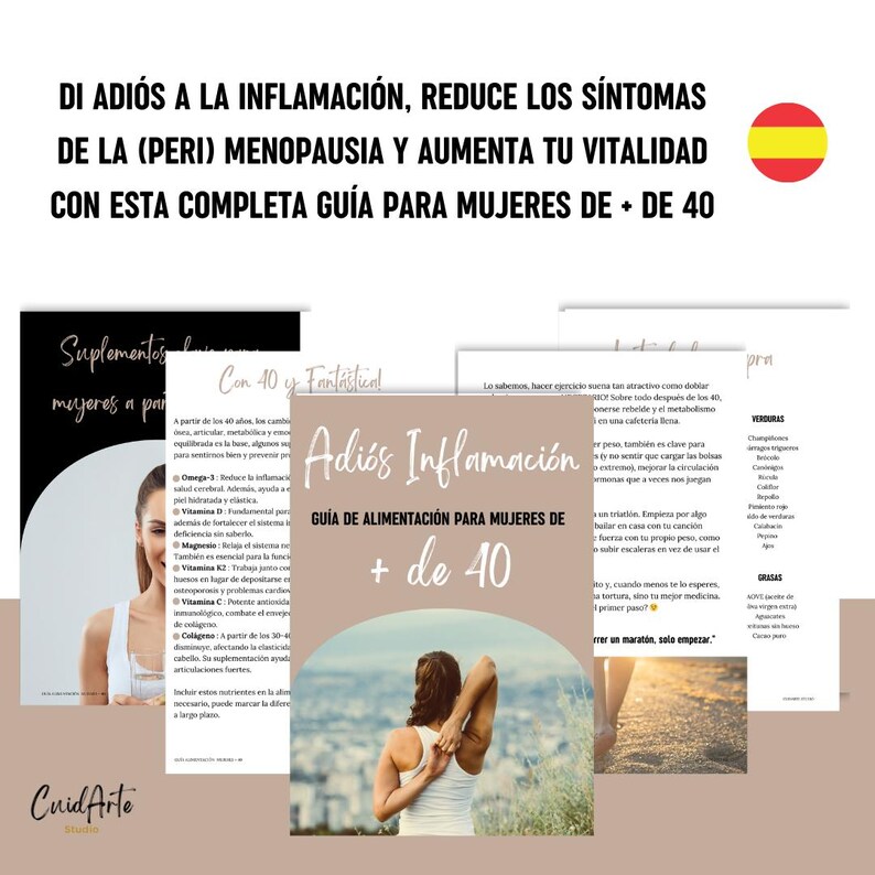 May include: A guide to nutrition for women over 40, titled "Adi&oacute;s Inflamaci&oacute;n" with a woman stretching in front of a scenic background. The guide includes information on supplements, vitamins, and healthy eating habits.