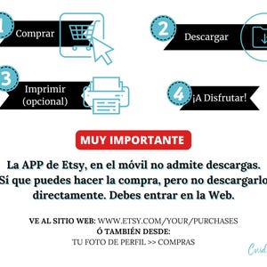 May include: A four-step guide on how to purchase and download digital products from Etsy. The steps are illustrated with icons: 1. Buy, 2. Download, 3. Print (optional), 4. Enjoy! The text also states that the Etsy app does not support downloads, so users must purchase and download from the Etsy website.