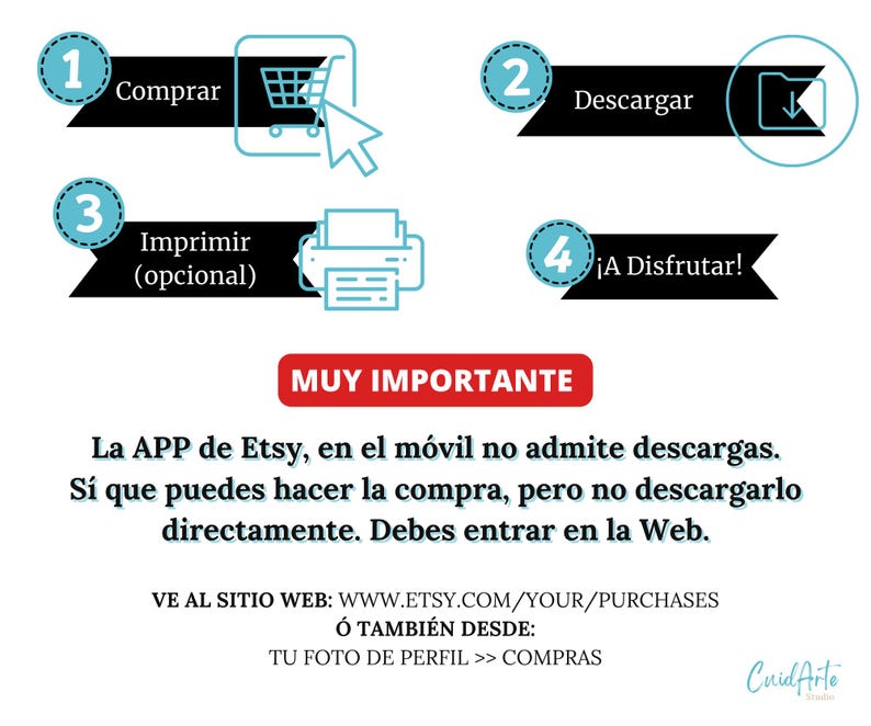 May include: A four-step guide on how to purchase and download digital products from Etsy. The steps are illustrated with icons: 1. Buy, 2. Download, 3. Print (optional), 4. Enjoy! The text also states that the Etsy app does not support downloads, so users must purchase and download from the Etsy website.